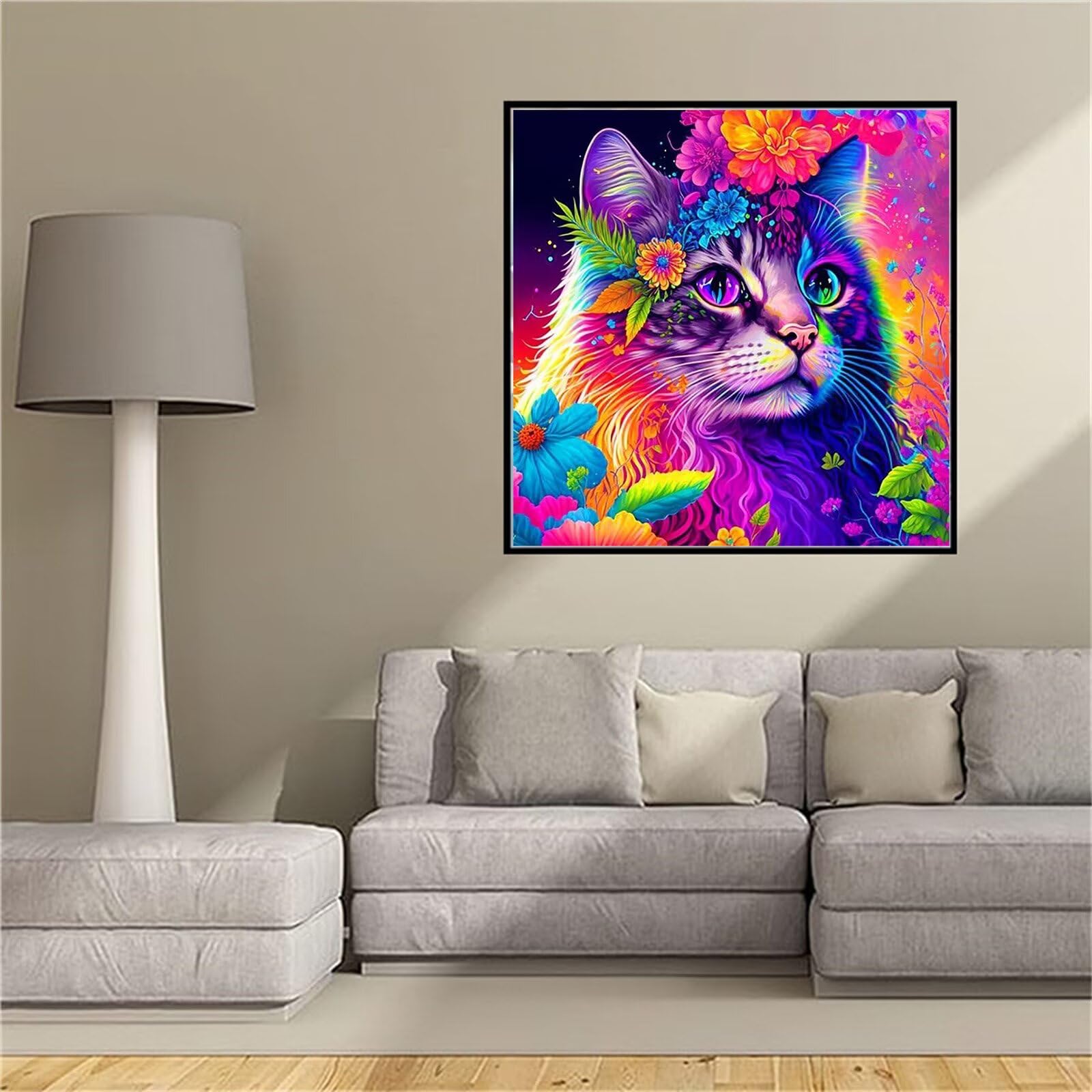 Diamond Painting Chat coloré 5D : kit complet de broderie grand format 95x95 cm pour adulte