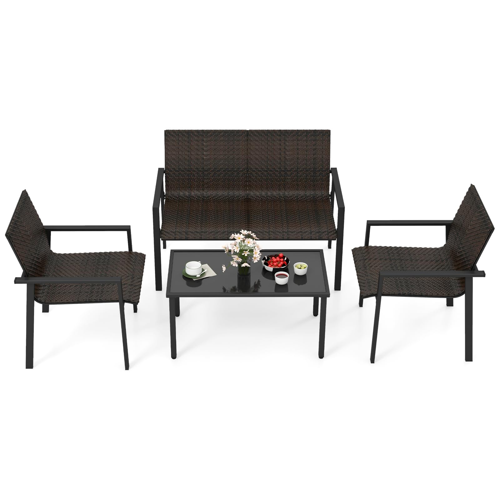 COSTWAY 4 Pezzi Set di Mobili da Giardino, Set di Tavolo e Sedie da Esterno in Intrecciato di Vimini, Set Salotto da Giardino per Balcone Giardino Terrazzo (Marrone)