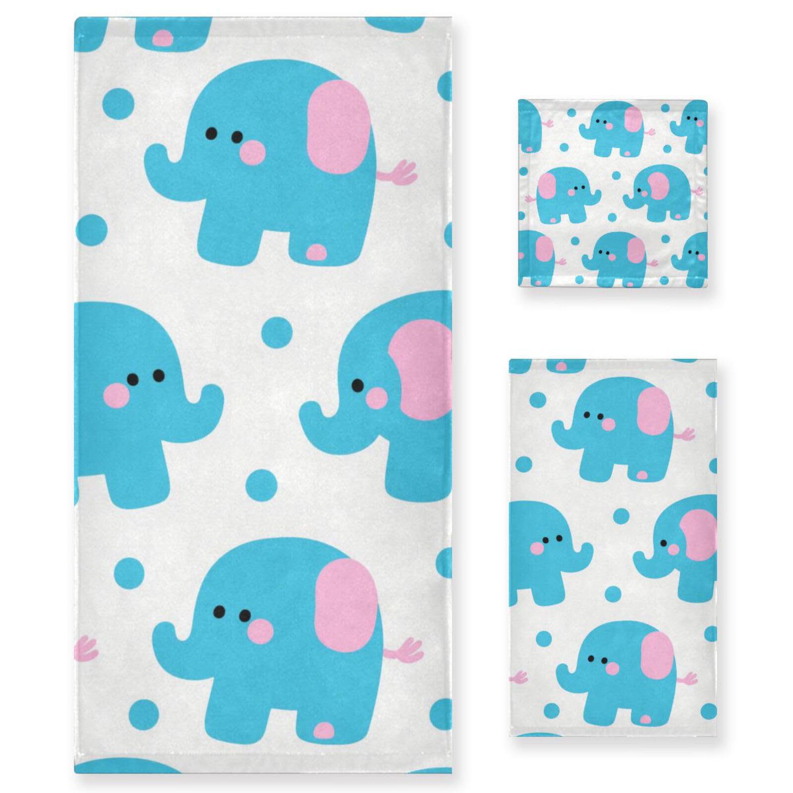 Set di 3 asciugamani morbidi per il viso con elefanti blu in stile cartone animato, 1 asciugamano da bagno, 1 asciugamano per le mani, 1 panno per la casa, cucina e famiglia