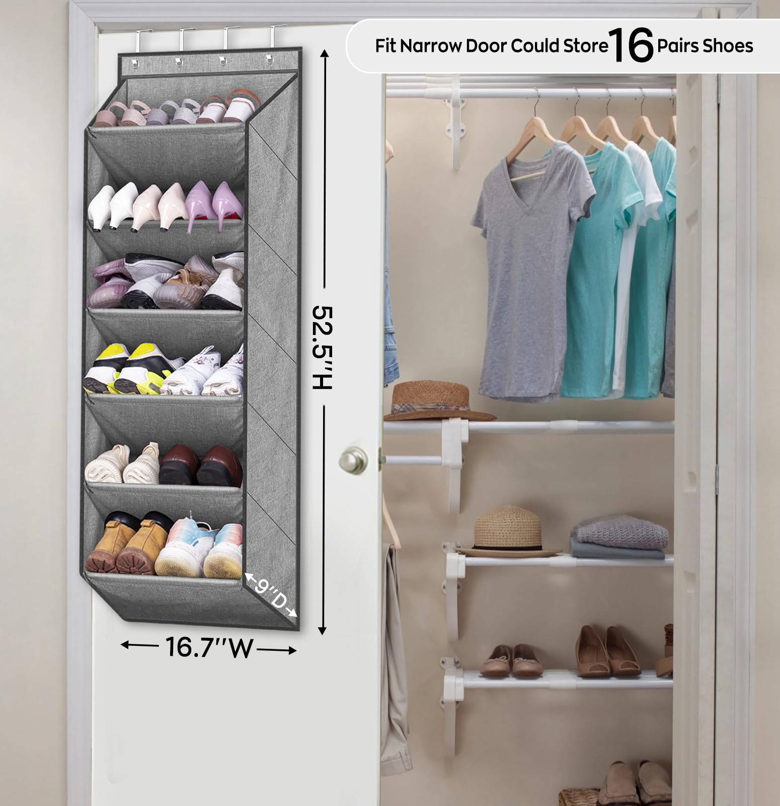 SLEEPING LAMB Schuhregal für Tür mit großer, tiefer Tasche, Schuh-Organizer für Schrank, Wohnheim und schmale hängende Sneaker-Aufbewahrung, Grau