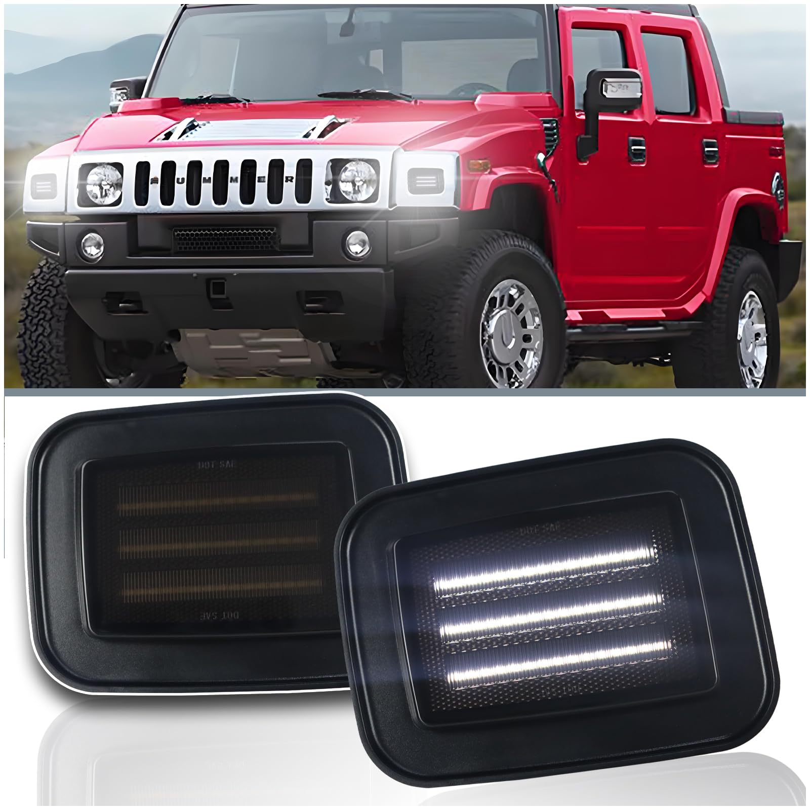 Smoke LED Front Corner Side Marker Lights Kit for 2003-2009 Hummer H2 | Switchback White DRL & Amber Sequential Turn Signals | 2-Piece Replacement Front Bumper Indicator Lights