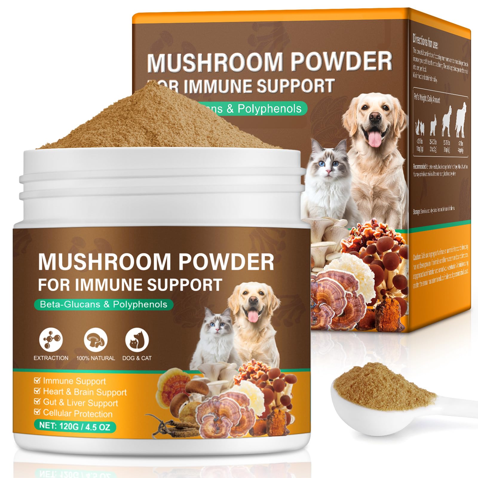 Mushroom Powder for Dogs & Cats, Natural Mushroom Supplement for Pets, Boosting Immunity, Support Gut Digestion, Easy To Absorbed (120g)