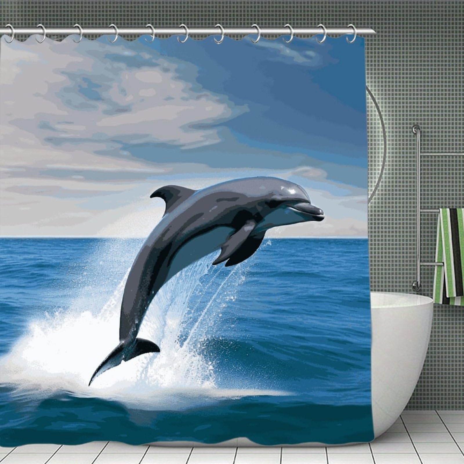 FekiLoot Jumping Up Dolphins Shower Curtain with Hooks Modern Farmhouse Bathroom Curtain Waterproof Cloth Bath Curtains Cute Washable Blackout Privacy Curtains for Bathroom Bathtub 70.8"x70.8"