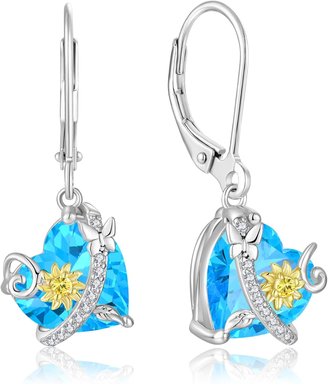 Sunflower Dangle Drop Leverback Earrings for Woman 925 Sterling Silver Cubic Zirconia Birthstone Jewelry Gifts for Valentines, Mothers Day