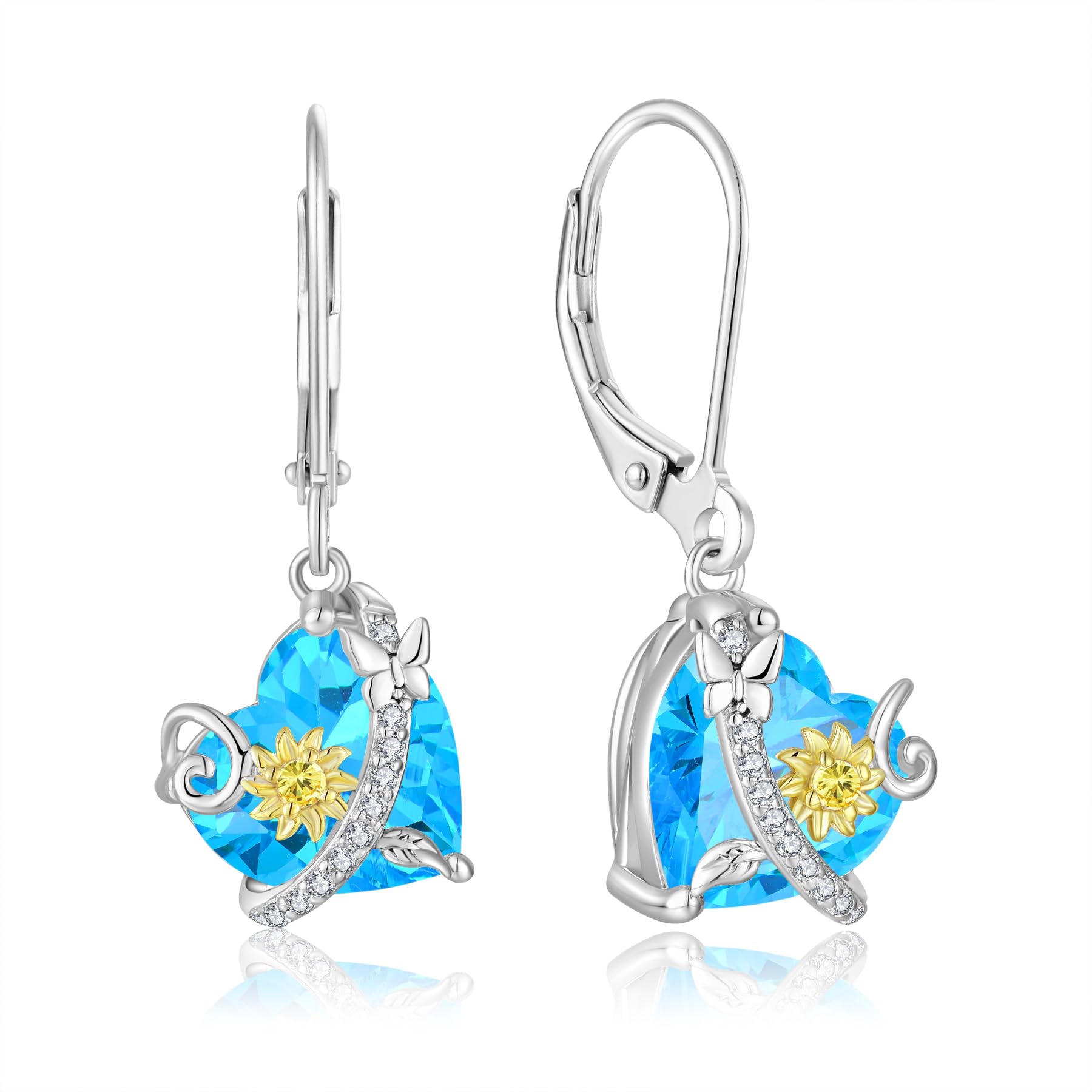 Oskani Sunflower Dangle Drop Leverback Earrings for Woman 925 Sterling Silver Cubic Zirconia Birthstone Jewelry Gifts for Valentines, Mothers Day