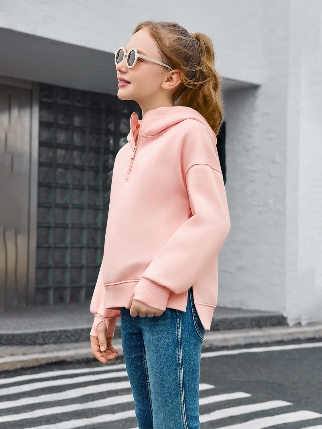 Haloumoning Girls Athletic Quarter Zip Fleece Hoodies Kids Side Slits Sweatshirts Thumb Hole Pullover Tops 5-14 Years - Image 3