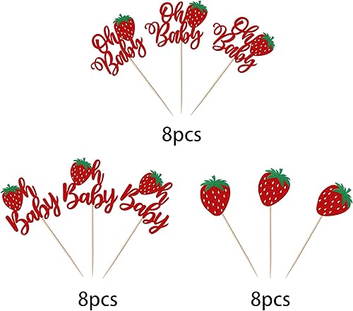 Miniatura 3 de Paquete de 24 adornos para cupcakes Sweet Oh Baby con purpurina de fresa Oh Baby para cupcakes de frutas y bayas, decoraciones para verano, fresa,