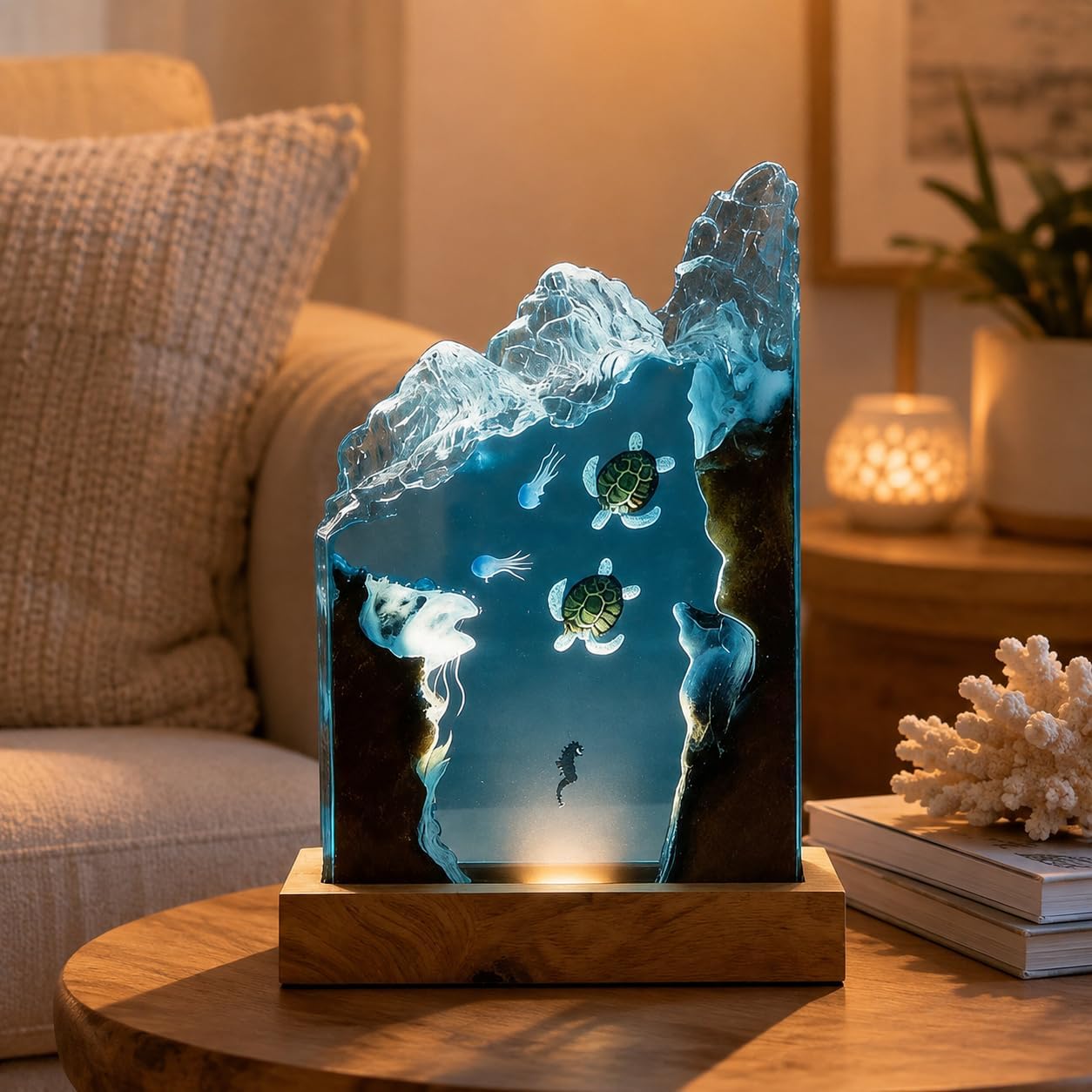 Creative Ocean Wave Epoxy Resin Wood Night Light, Whale Shark Dimmable Lamp Deep Sea Diver Ornament, Epoxy Resin Lamp Handmade Home Desk Decor, Mothers Fathers Day Birthday Gift (Style 2)