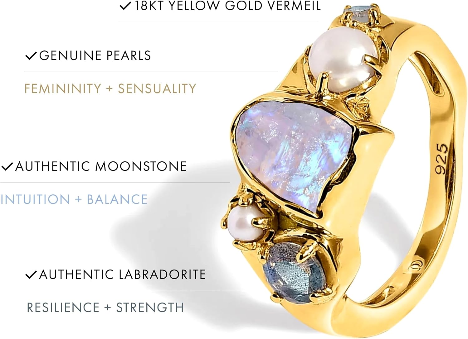 Moon Magic Moonstone Labradorite Pearl Ring | Pink Topaz & Rhodolite Garnet ring for women Multi Color | Real 925 Sterling Silver | 18k Rose Yellow Gold Rings for Women | Genuine Gemstones Jewelry