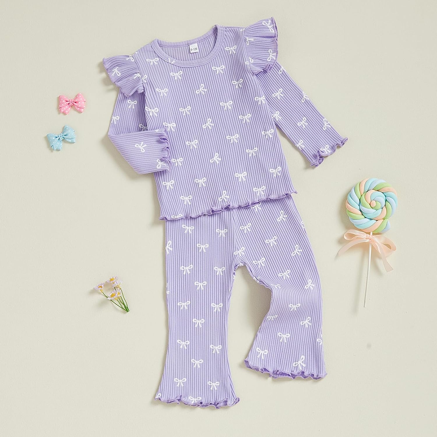 Toddler Baby Girl Fall Clothes Bow Print Ruffle Long Sleeve Round Neck Top Elastic Flare Pants Winter Outfit