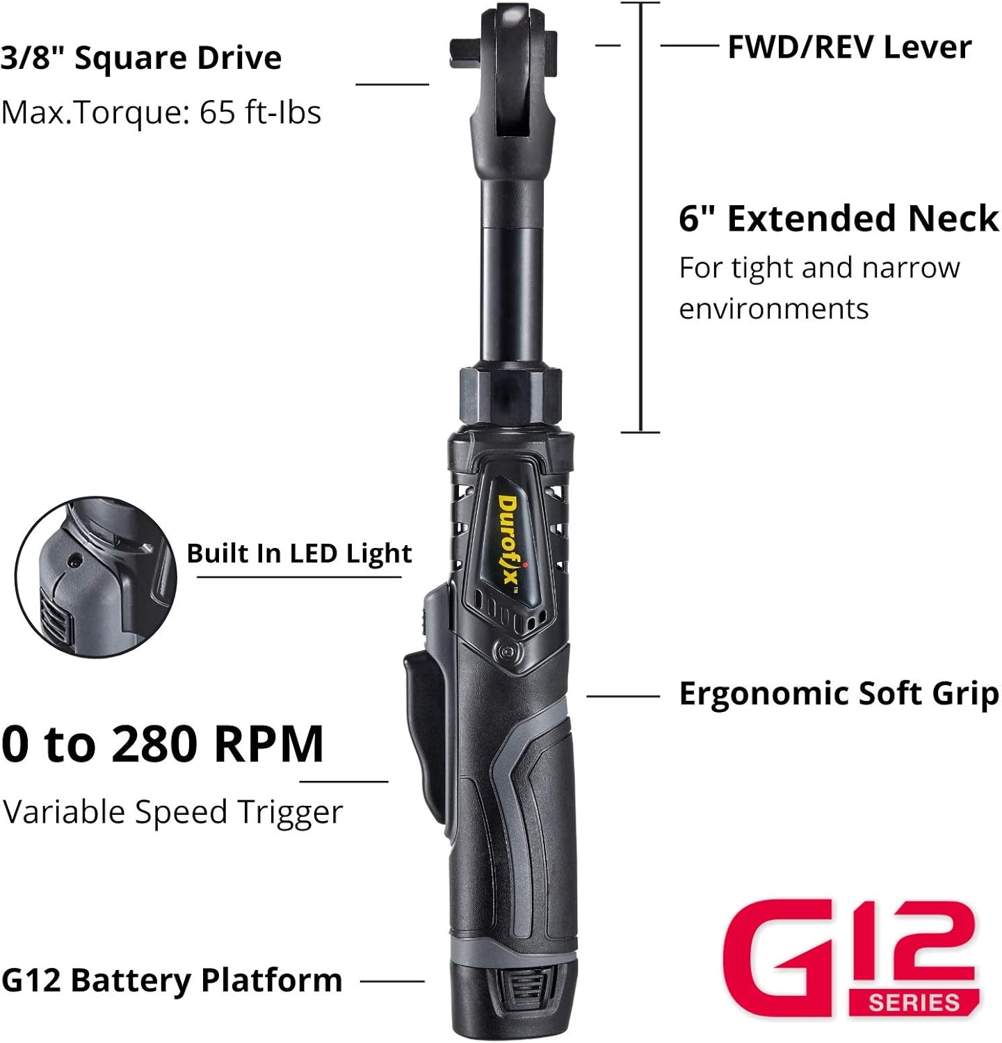 Durofix RW1216-3P G12 Series 12V Li-ion Cordless 3/8” 65 ft-lbs. Extended Ratchet Wrench Tool Kit with Canvas Bag : Tools & Home Improvement