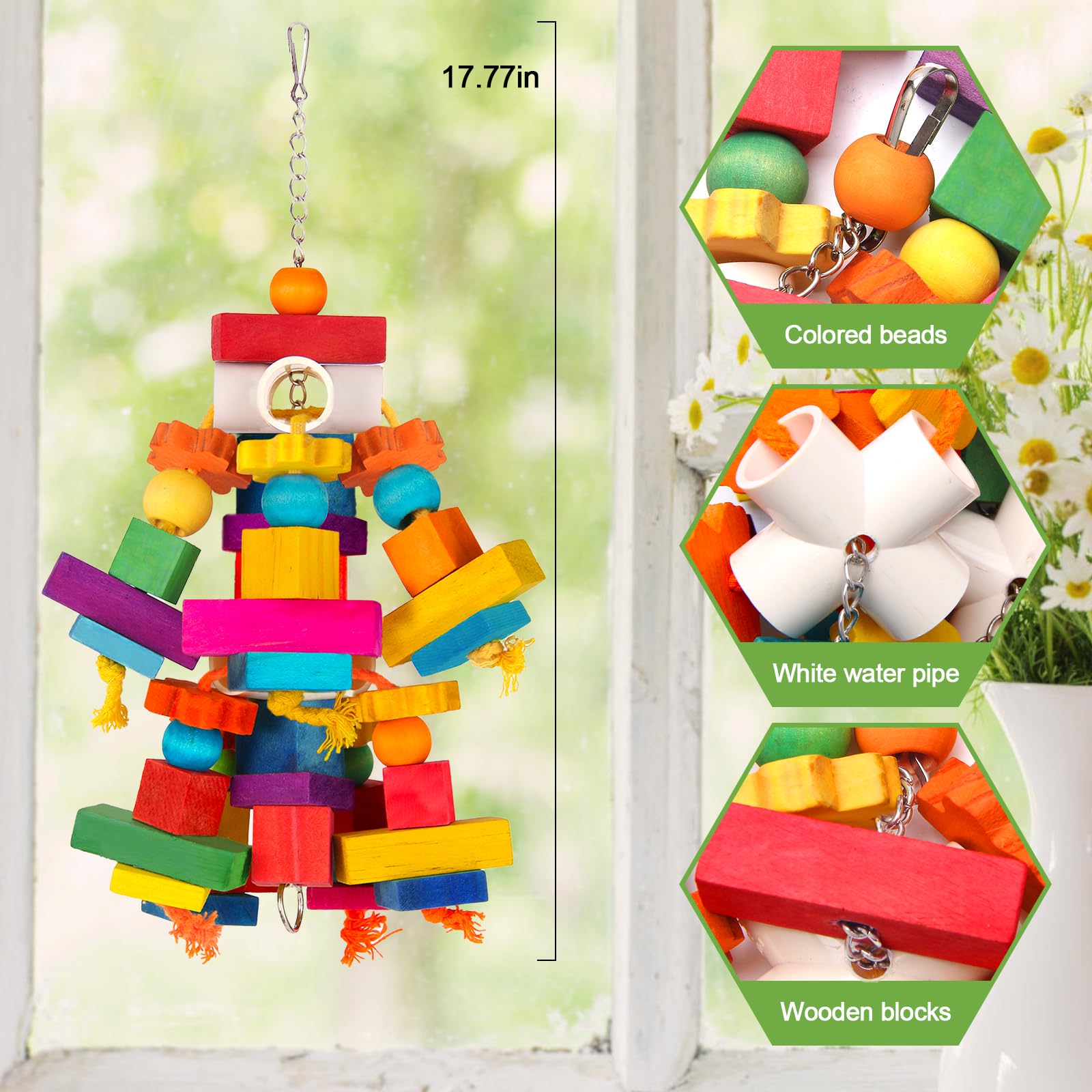 Kyouki Large Parrot Toy, Bird Toys for Cockatoos,Macaws, African Grey, Amazon Parrots,Conures, Lovebirds, Multicolored Natural Wooden Blocks Chewing Toys Bird Cage Accessories (Colorful) - image 2