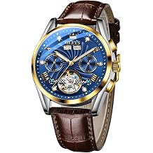 OLEVS Men's Skeleton Automatic Tourbillon Moon Phase Leather Watch