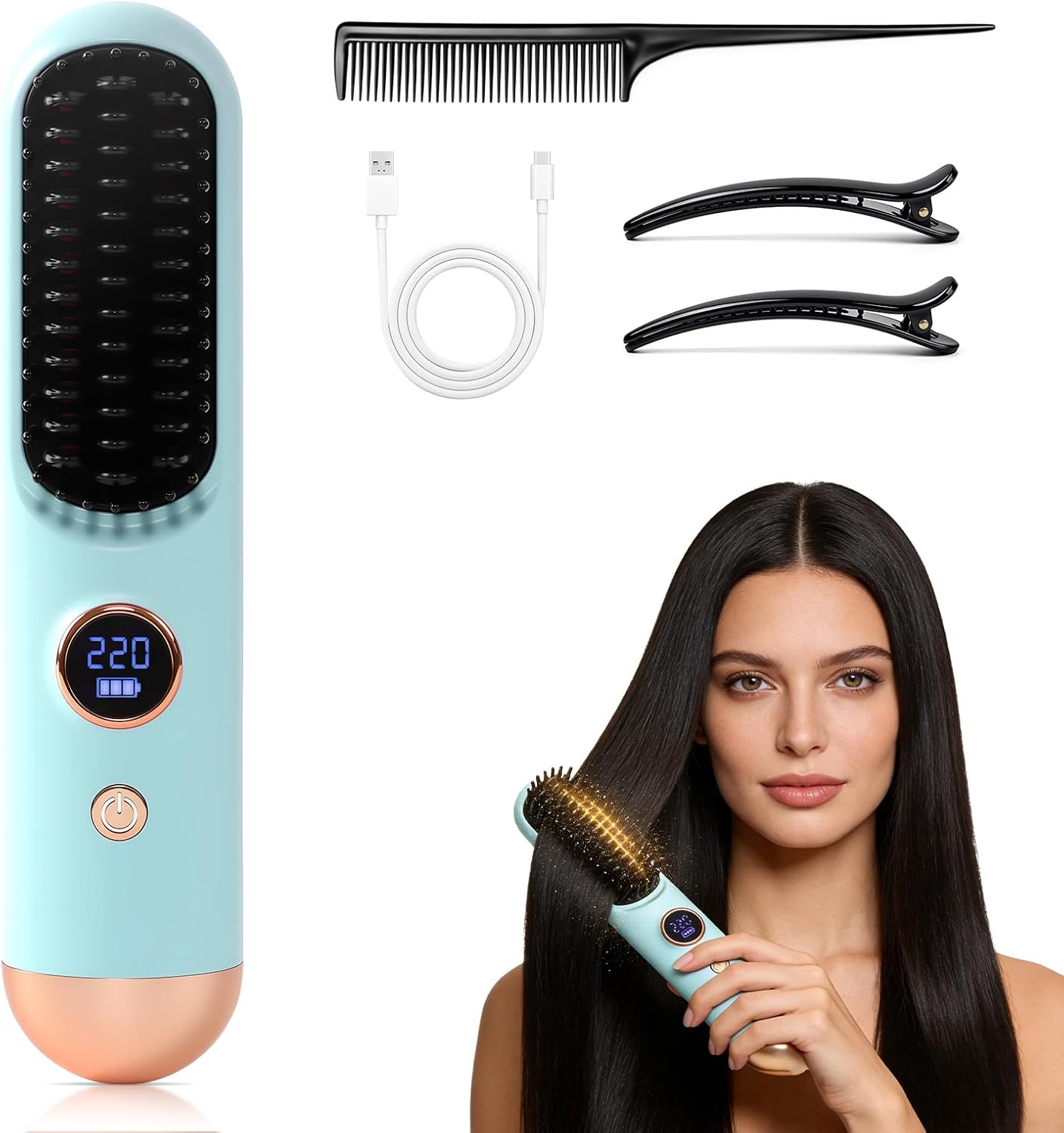 2026 Hair Straightener Brush, Cordless Hair Straightener Brush for Short Hair, Mini Portable Cordless Travel Straightening Hair Comb Brush with 9 Temps Fast Heating for Women (Blue)
