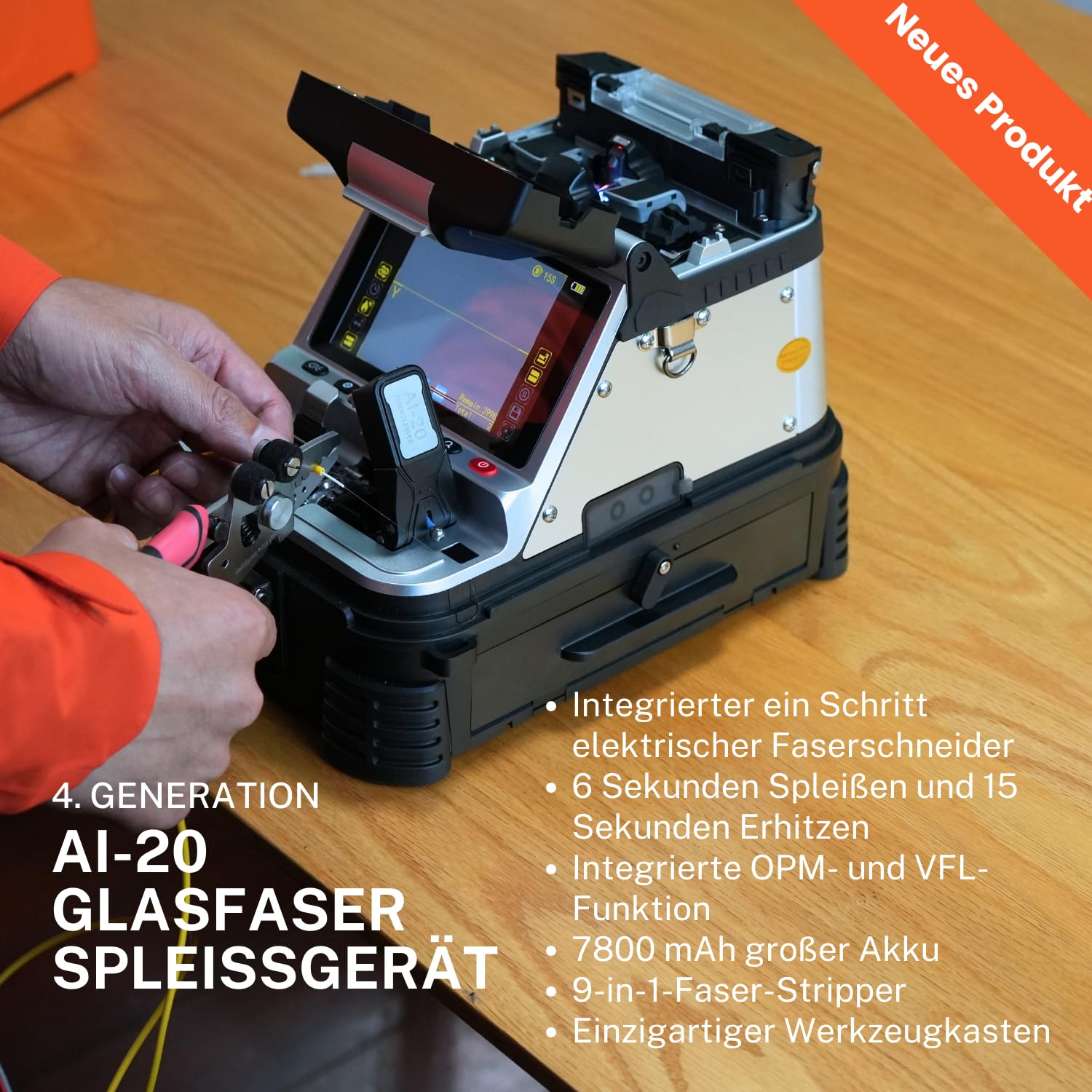 AI-20 Fusion Splicer Glasfaser Spleißgerät mit neu entwickeltem elektrischem Faserschneider, LWL Spleißgerät Kit AI-20 Upgrade von AI-10A mit 6s Spleißen 15s Aufheizen OPM VFL 7800mAh Akku
