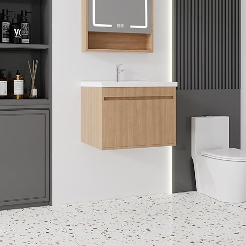 Miniatura 149 de Tocador de baño de 20 pulgadas con lavabo de cerámica, tocador de baño pequeño montado en la pared con puerta de cierre suave, gabinete flotante