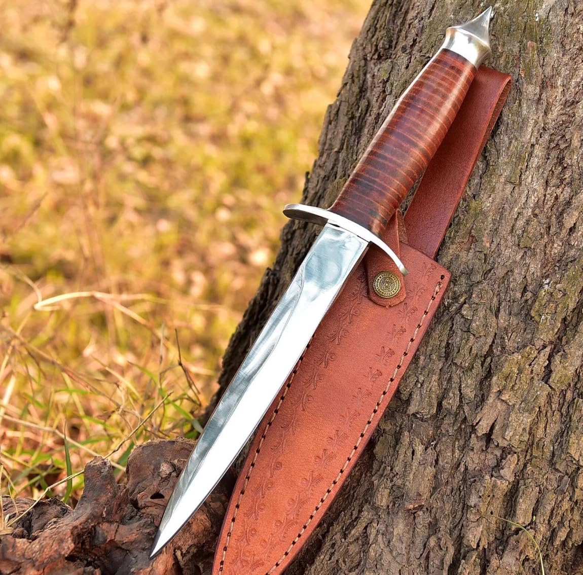 Sykes Fairbairn US Army Double-Edged V42 Military Dagger Knife Stacked Leather WWII Collectible knives - Leather Sheath