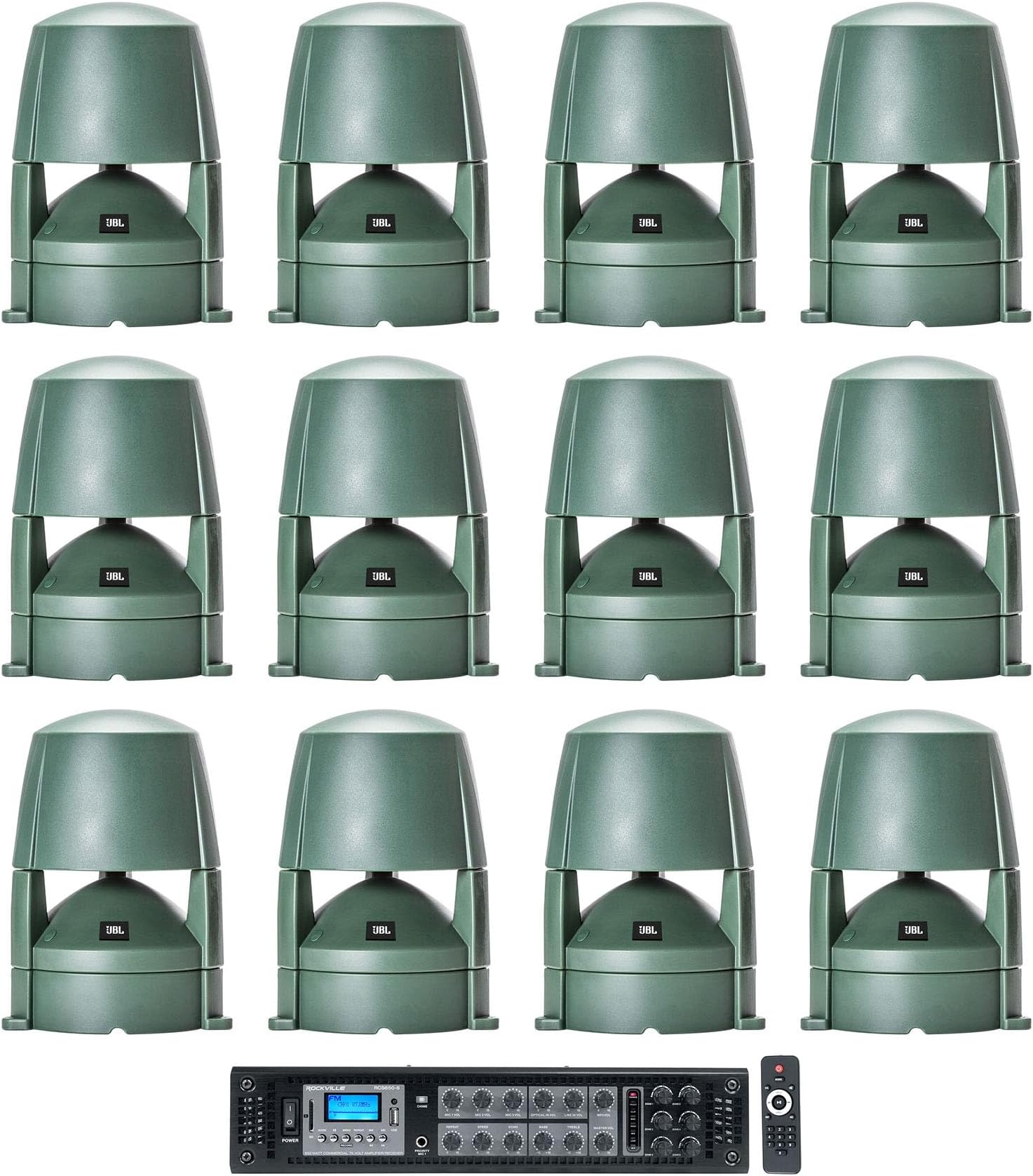 Rockville (12) JBL Control 85M 5.25" Commercial 70v Outdoor Landscape Speakers Bundle Amplifier (13 Items)