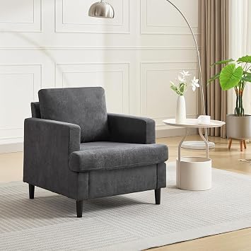 Accent Chair Modern Linen Living Room Chair for Living Room Single Sofa Chair with Wooden Legs Fabric Reading Living Room Side Chair with Pillows Armchair - Dark Grey