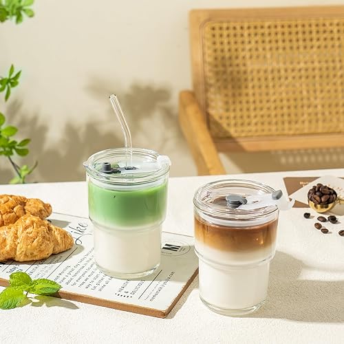Miniatura 5 de Vaso de vidrio de 13 onzas con popote y tapa, vaso reutilizable para café helado, bonitas tazas de vidrio para agua, matcha, tazas de café de viaje