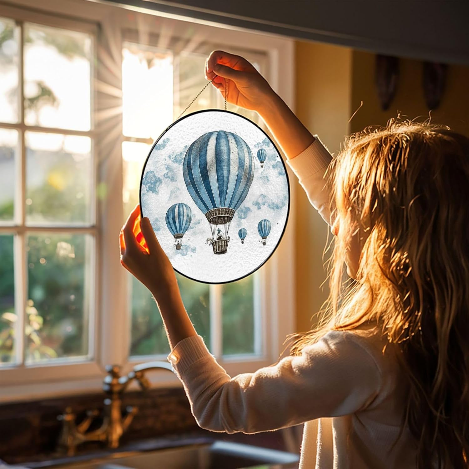 Stained Glass Window Hanging 6in（15cm）, Blue Hot Air Balloon Glass Suncatcher for Home Decor, Indoor Wall Art Glass Panel with Metal Chain and Hooks, Sun Catcher Ornament Birthday Gifts