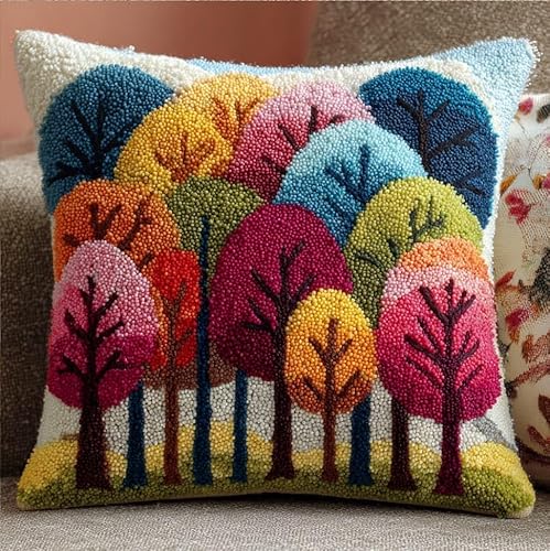 WallustrioaW DIY Latch Hook Pillow Kit,Trees Pillowcase Kits Embroidery Kits 17X17 Inch DIY Needlework Pillow Cover Sofa Cushion Rug Making