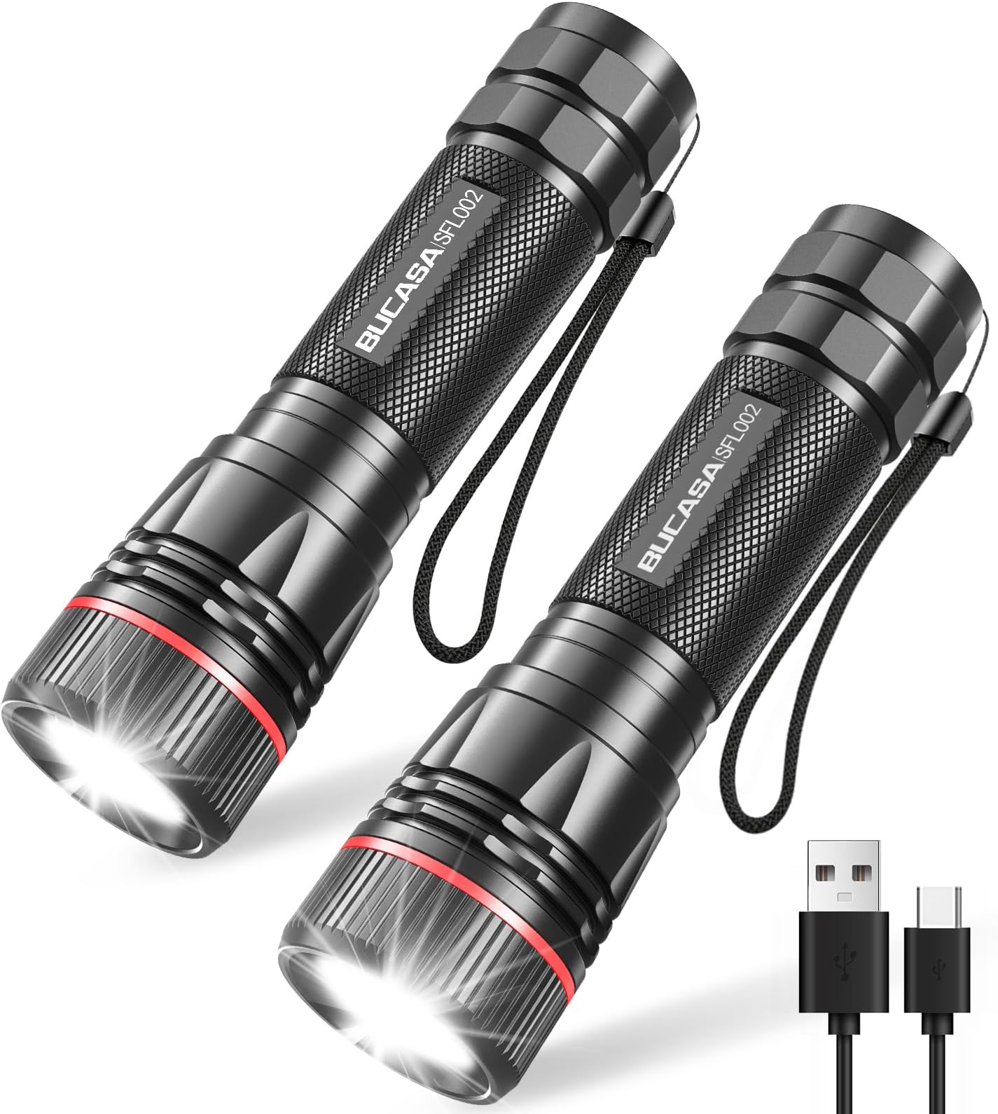 Torches LED Super Bright 2000 Lumens, 2 Pack Rechargeable Torch with 3 Modes, Zoomable, Waterproof Small LED Torch Battery Powered for Dog Walking, Emergency, Camping, Gift(Batteries Included)