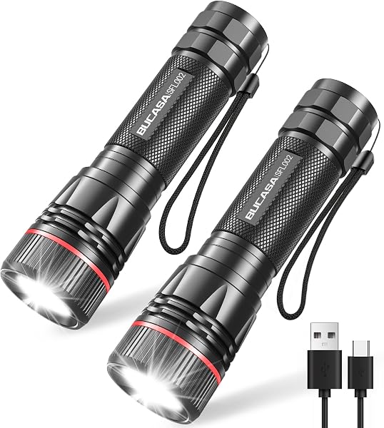 BUCASA Taschenlampe LED Aufladbar, 2000 Lumen Extrem Hell LED Taschenlampe mit 3 Modi, 2 Stück Zoombare Taschenlampen Kinder, Wasserdicht Langer Laufzeit Flashlight für Camping Outdoor Wandern Notfäll - 1