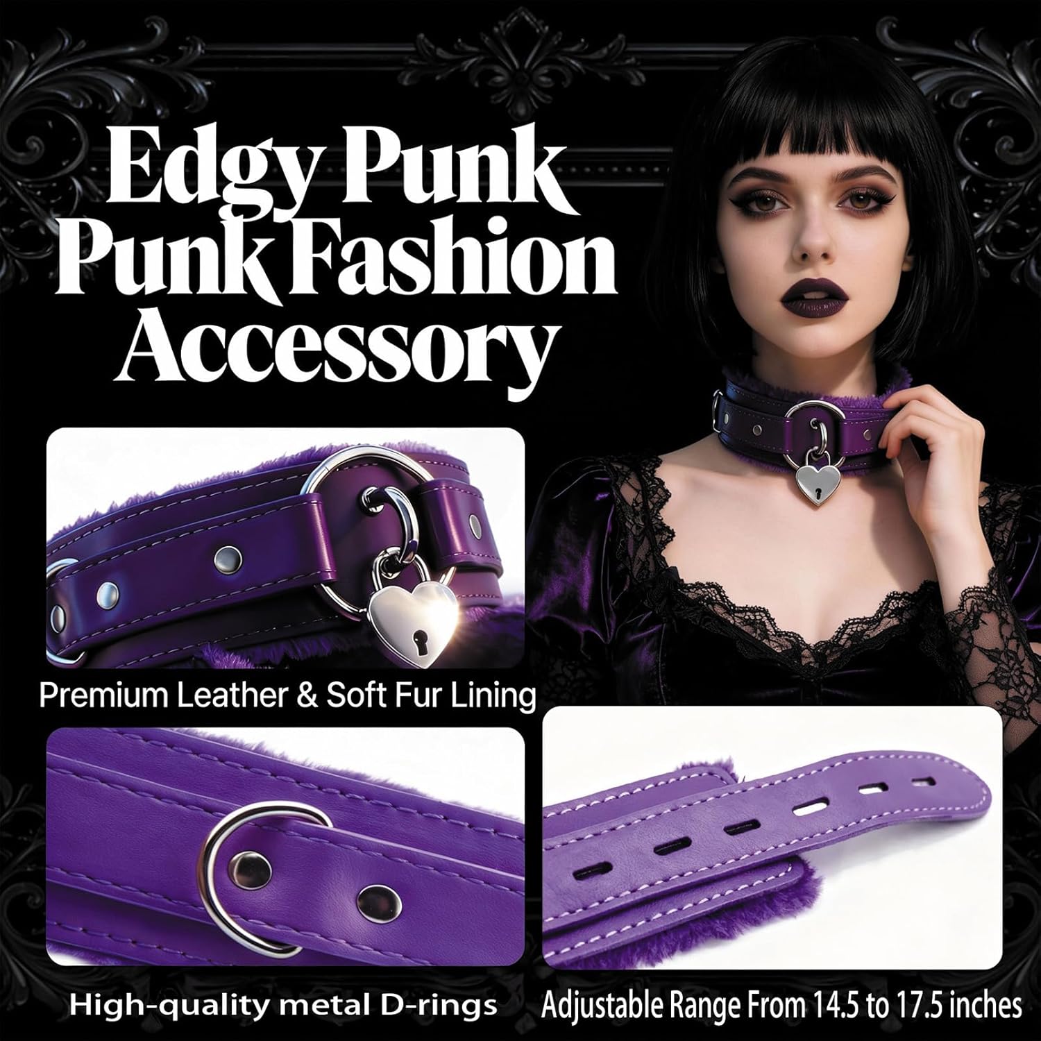 NouAn Leather Choker Necklace for Women - Gothic Collar Choker with Heart Love Lock And Soft Inner Lining - Adjustable Fit for Daily Wear and Themed Occasions Black - Image 2