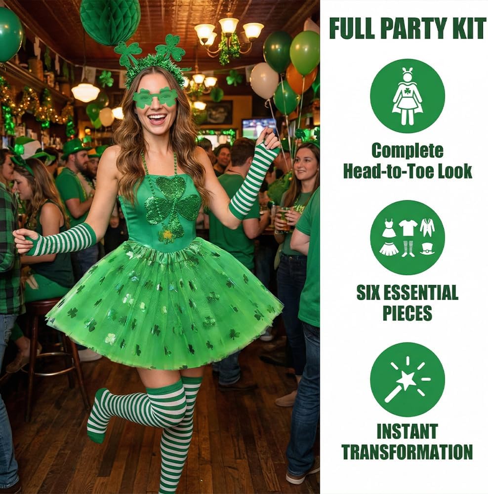St. Patrick's Day Costume Accessories Set 5pcs Shamrock Green Tutu Skirt Gloves Headband Clover Sunglasses Clover Necklace Party Outfits for St. Patrick's Day Parade