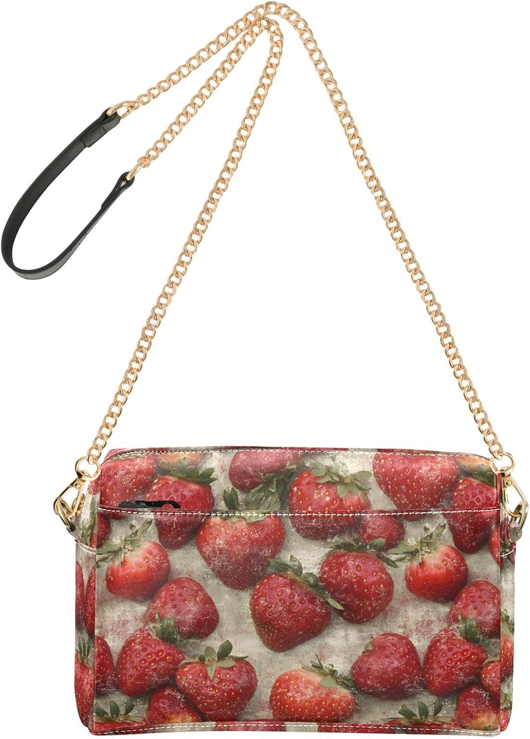 Women Crossbody Bag Shoulder Handbag Cellphone Purse Aesthetic Strawberry Print, PU Leather Metal Chain Strap Water Resistant Zipper Closure
