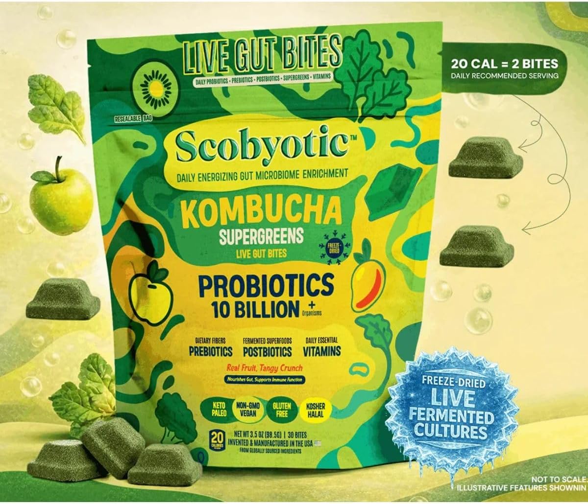 Scobyotic® Kombucha Supergreens Live Gut Bites – 10 Billion CFU Probiotics + Prebiotics & Postbiotics – Kombucha & Supergreens – Freeze-Dried Probiotic Supplement
