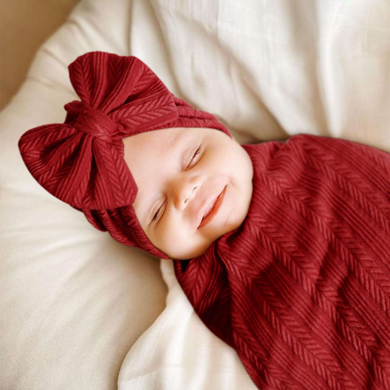 AQOKKA Coperta per neonati con motivo a grano e fasce con fiocco, cappello e muffole, biglietto di legno per neonati