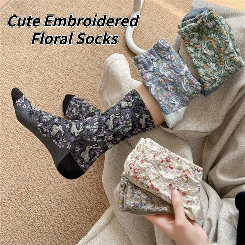 Vintage Embroidered Crew Socks for Women with Cute Flowers, Combed Cotton Crew Socks for Spring and Fall - Image 2