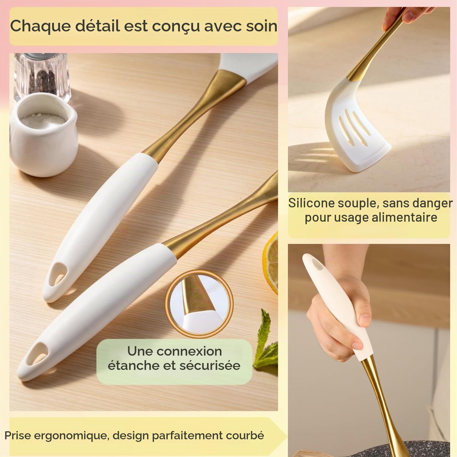 Ensemble d'ustensiles de cuisine élégants en silicone blanc doré – Non toxiques, passent au lave-vaisselle avec poignées confortables résistantes à la chaleur – Comprend une spatule et une cuillère