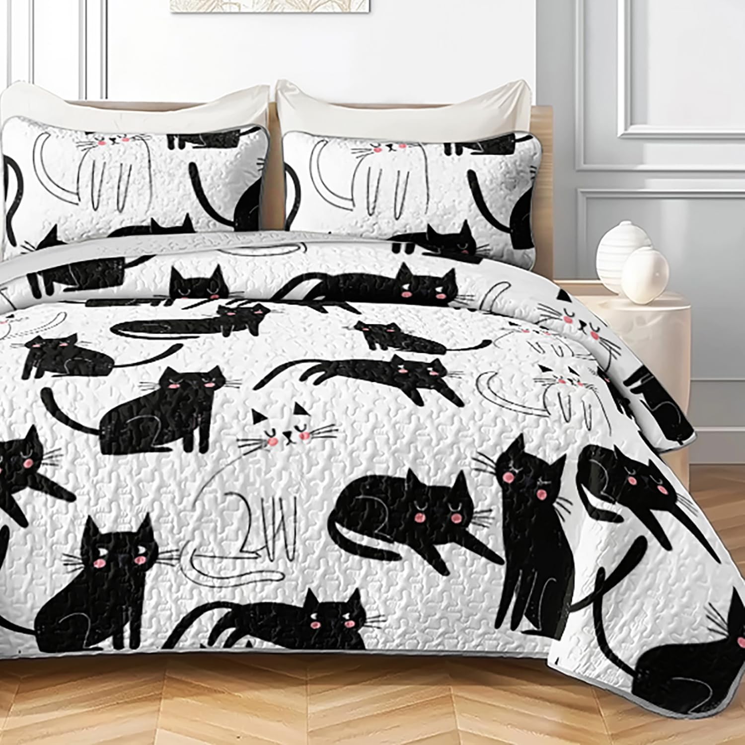 AILONEN Quilt Bedding Set, Cat in Black and White King 3 Piece, with 2 Pillowcases, Black and White Cat Quilt Bedding Set for Kids Girls