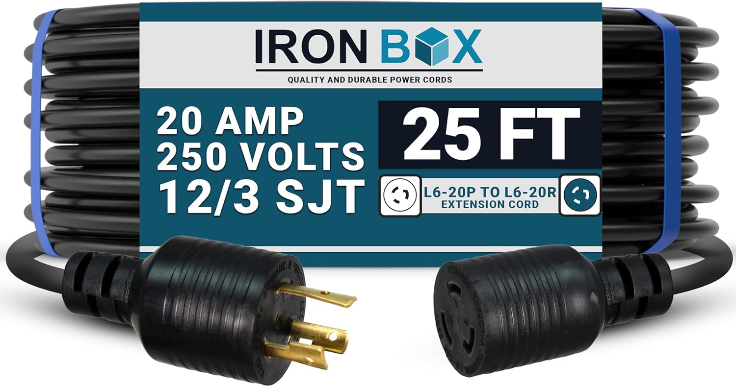 IronBox Electric L6-20P to L6-20R Power Extension Cord - 20A, 250V, 12/3 SJT - UL Listed Power Cable Plug Adapter - Heavy Duty Extension Cord for Generator, Outdoor, Data Center & More (25 ft, Molded)