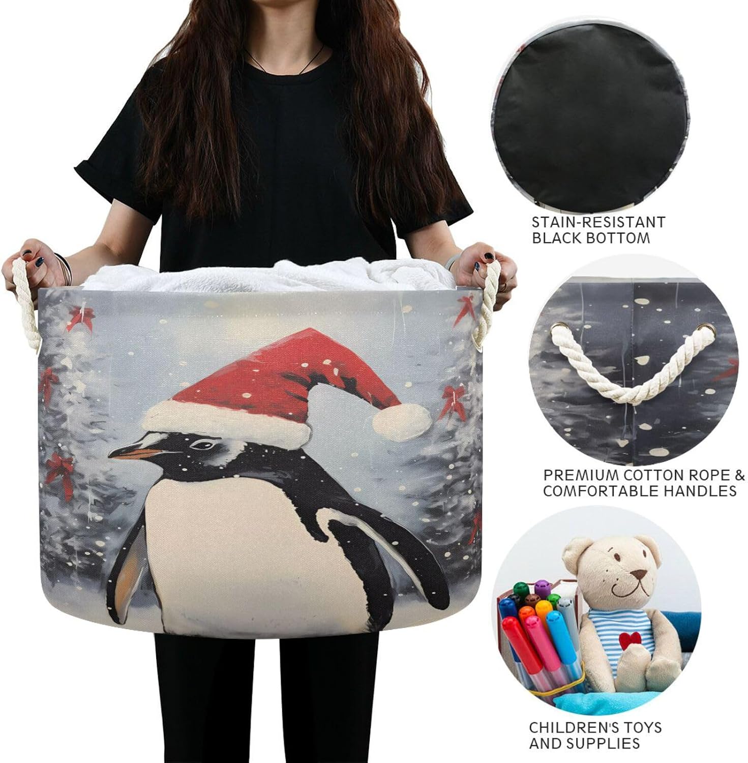 Christmas Basket Storage, Christmas Penguin Santa Hat Storage Bin Box Laundry Hamper Organizer Bag with Handles for Clothes
