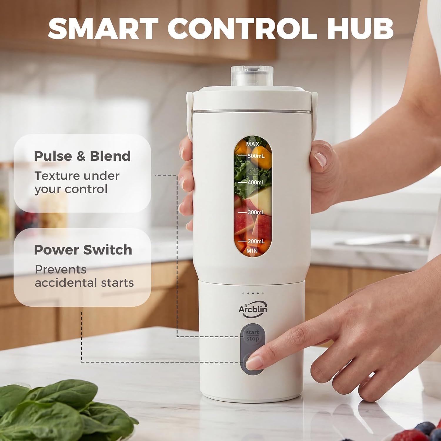 Portable Blender for Shakes and Smoothies, 17oz Personal Blender with Detachable To-Go Cup & Carry Handle, USB-C Rechargeable Mini Juicer, Auto-Shutoff, BPA Free, Dishwasher Safe, White