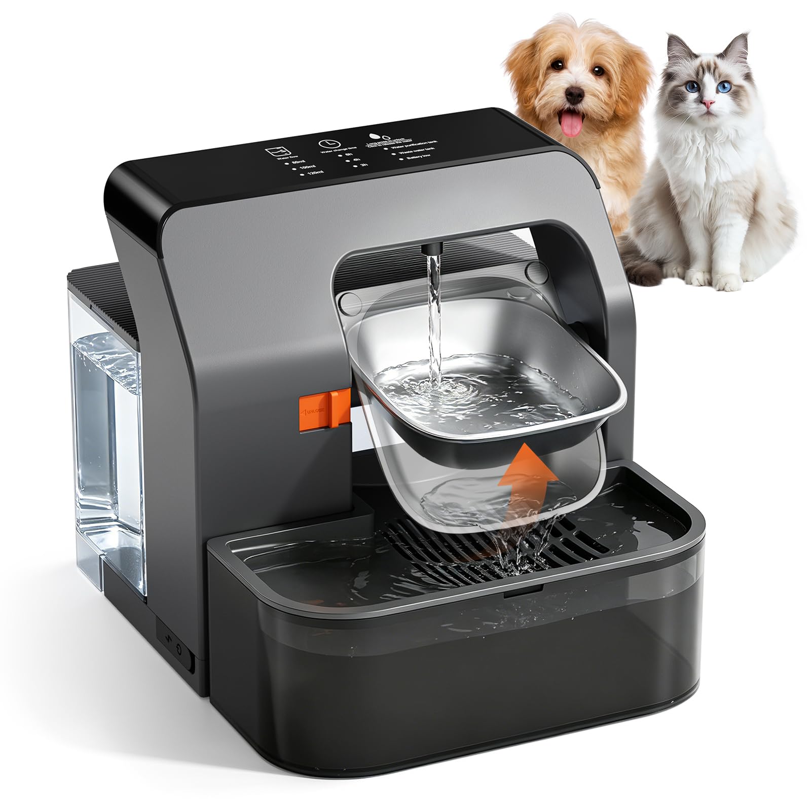 Fuente para Gatos inalámbrica con Plato Giratorio programable, depósito de Agua 3.2 L, batería de 180 días - separación de Agua Fresca y usada, Bebedero para Gato con batería de 2200 mAh, sin BPA