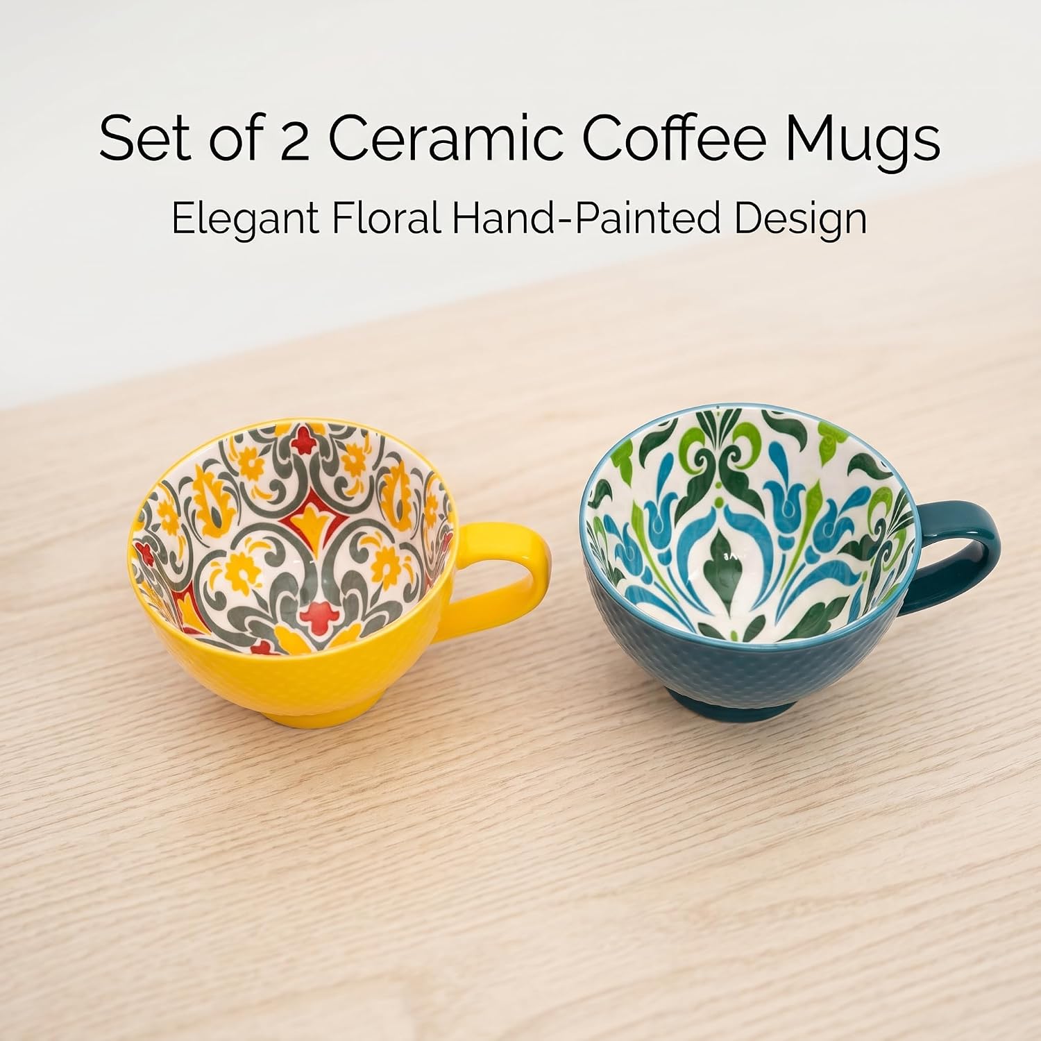 Topadorn Ceramic Coffee Mugs with Handle Set of 2, Hand-Painted Floral Pattern Ceramic Soup Mugs for Salad, Cappuccino, Cereal, Milk, Latte, Tea, Cocoa, Breakfast Oatmeal Cups(Green & Yellow)