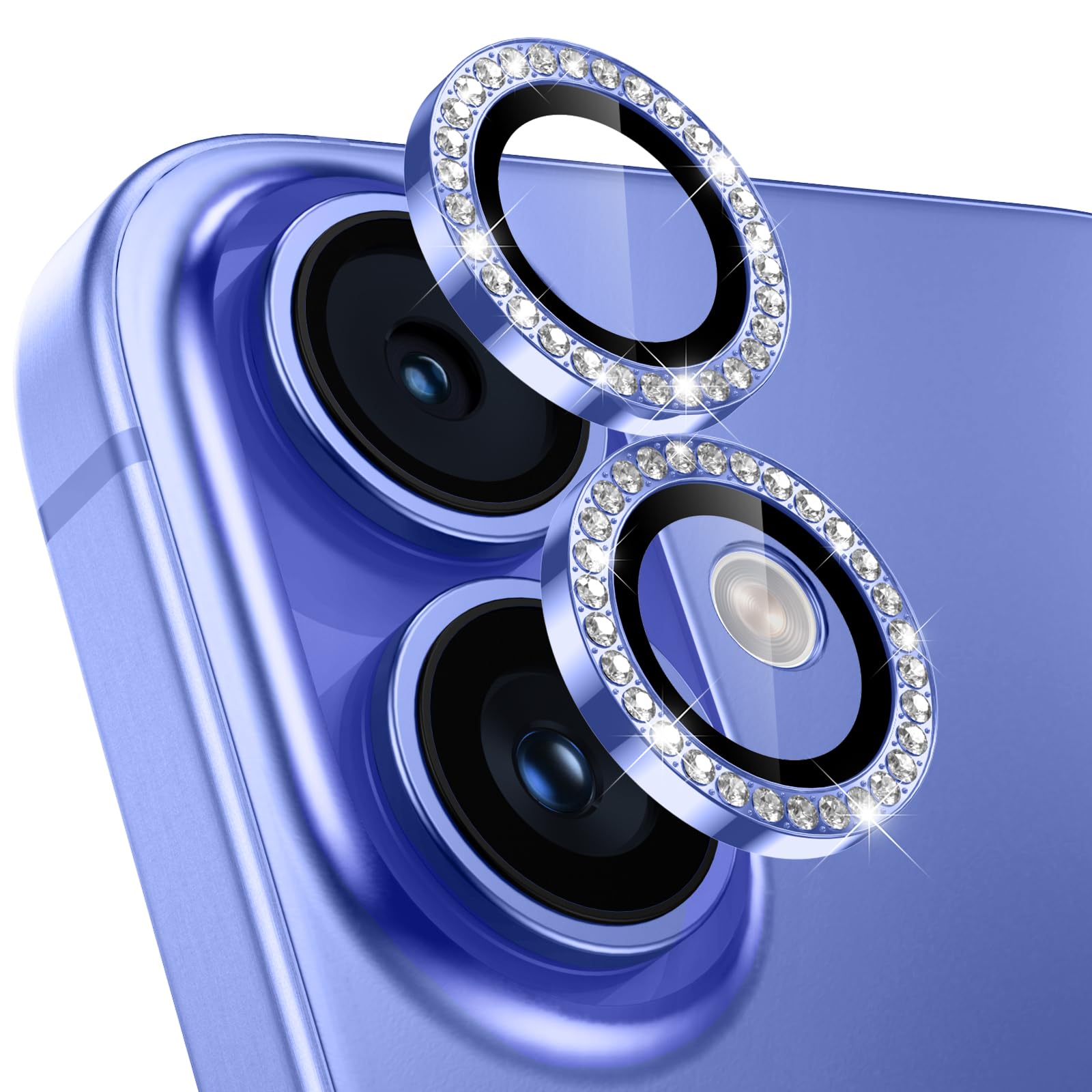 【3枚入り】レンズカバー iPhone 16 /16 Plus用 カメラフィルム キラキラ アイフォン16/プラス カメラ保護 ピカピカ アルミ合金 9H強化ガラス キズ防止 黒縁取り 露出オーバー防止 超高透過率 いphone16/いphone16 plus用 カメラカバー プロテクター ラインストーン ブルー
