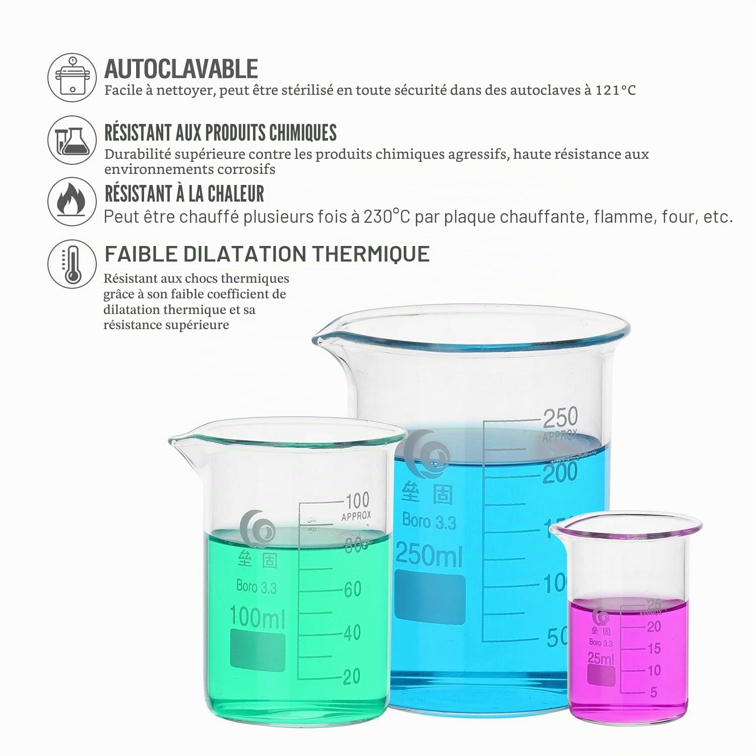 Hyber&Cara Bécher gradué en verre Borosilicate 25ml 50ml 100ml 200ml avec 4 pcs 1ml pipettes en verre pour laboratoire | 25ml 50ml 100ml 200ml avec 4 pcs 1ml pipettes en verre pour laboratoire