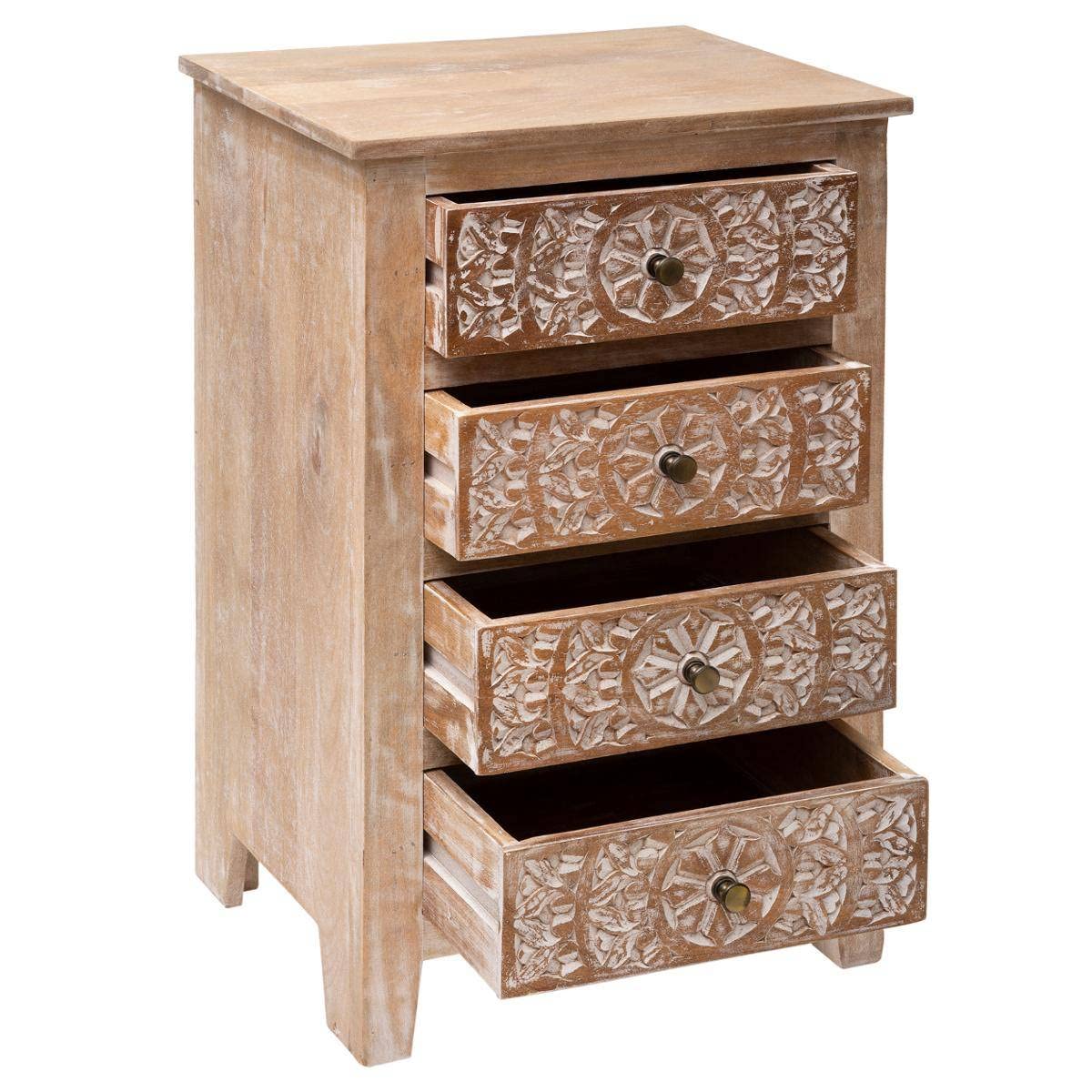 Atmosphera - Chiffonnier 4 Tiroirs Shirel - Bois de Manguier Sculpté - L 50 x P 40 x H 80 cm - pour Chambre, Salon, Entrée