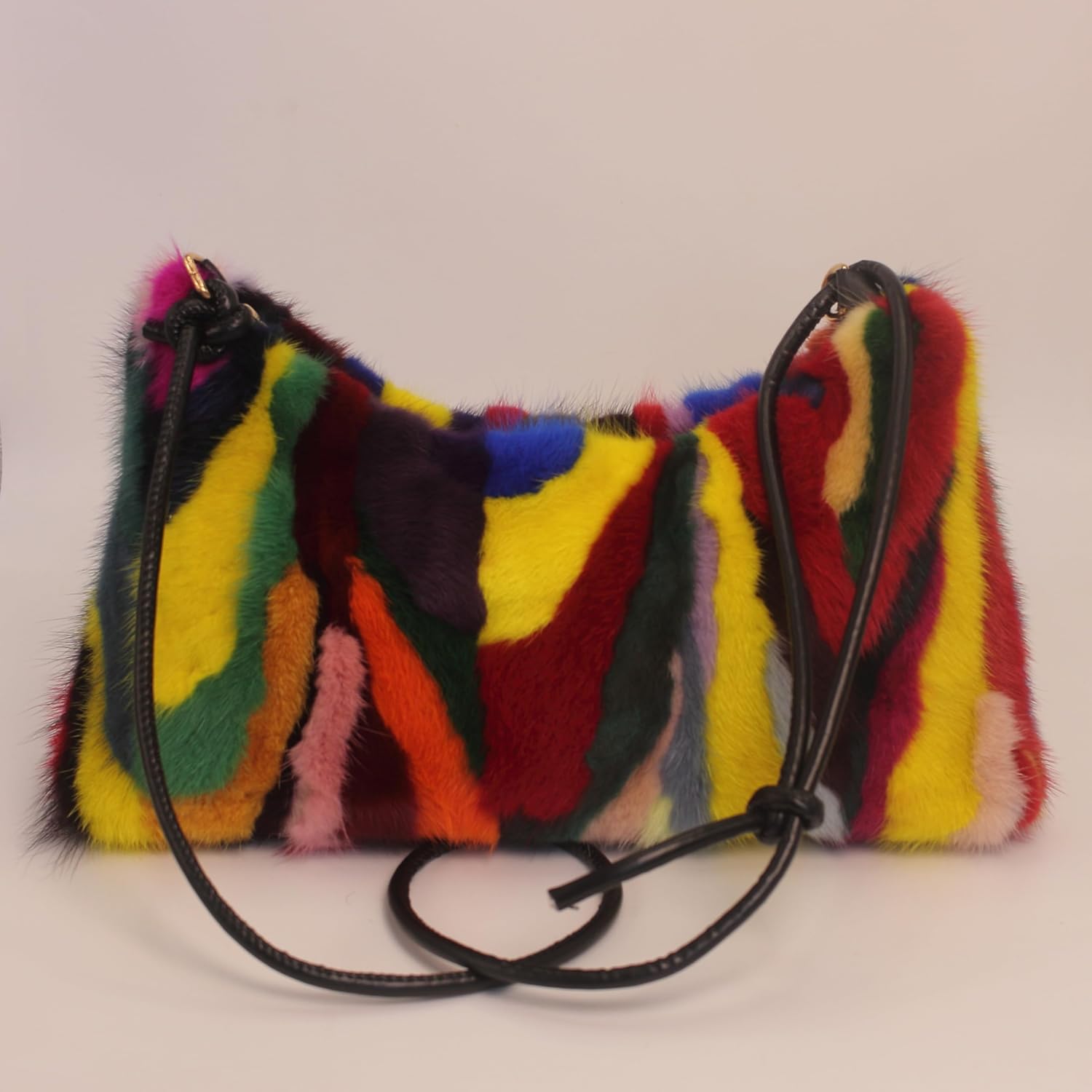 Fosrion Luxurious Color-Patchwork Genuine Mink Fur Handbag Shoulder Bag