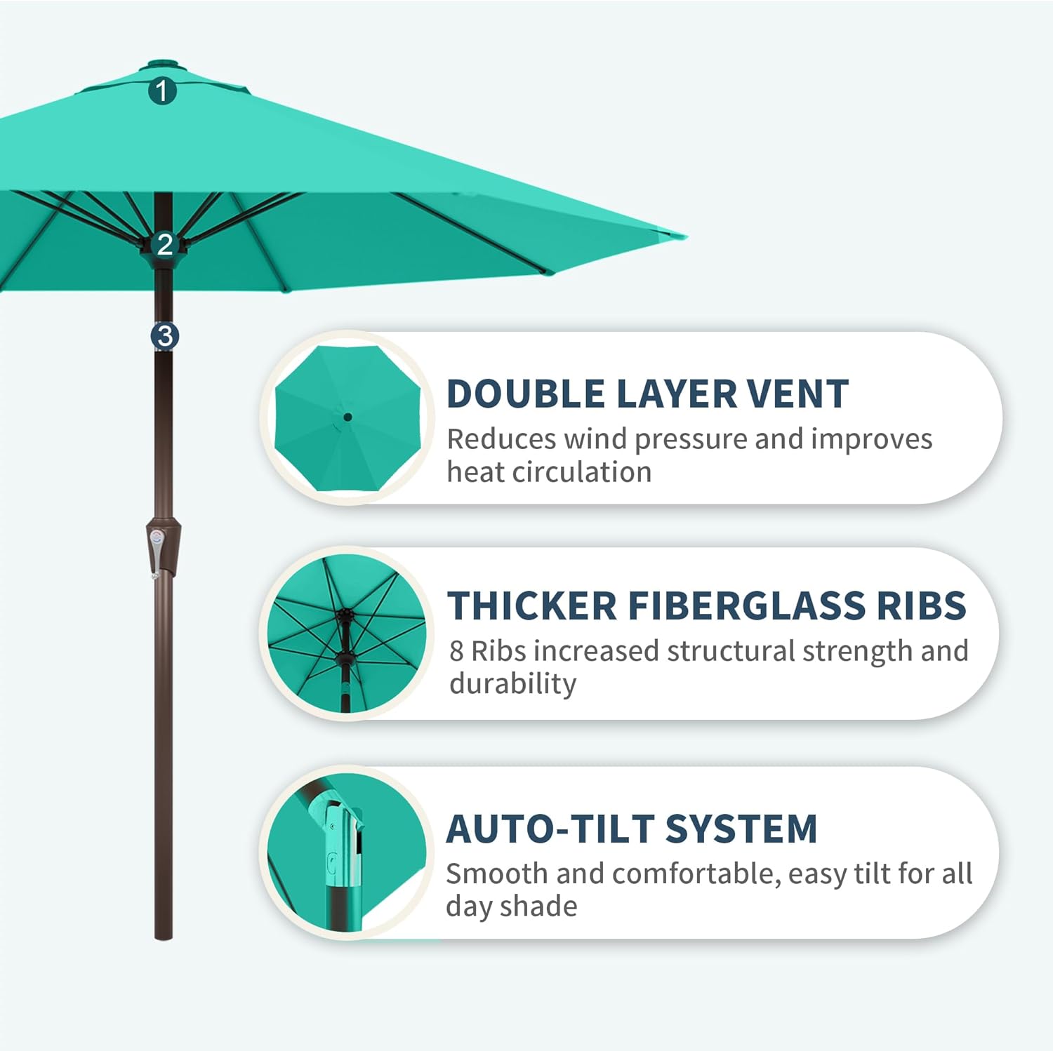 PatioKingdom Auto-Tilt 9FT Patio Umbrella Outdoor with 8 Sturdy Fiberglass Ribs,Market Table Umbrella for Pool,Backyard,Deck and Garden