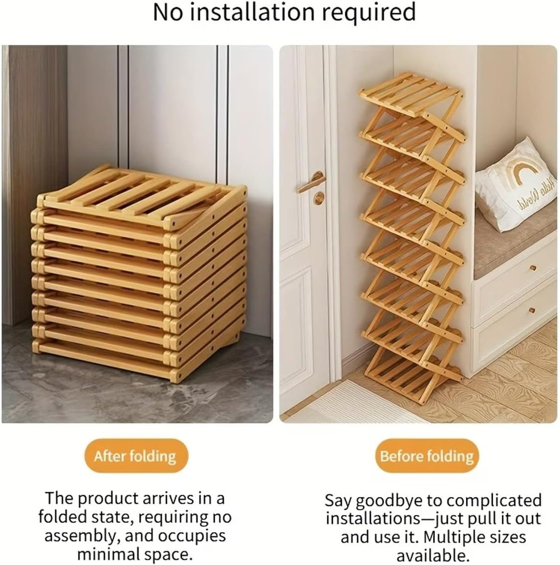 9 Tier Bamboo Shoe Rack, The 9-Tier No-Assembly Bamboo Rack, Foldable Shoe Rack, Vertical for Entryway Closet Dorm Corner (Natural Wood Color, 10-Tier)