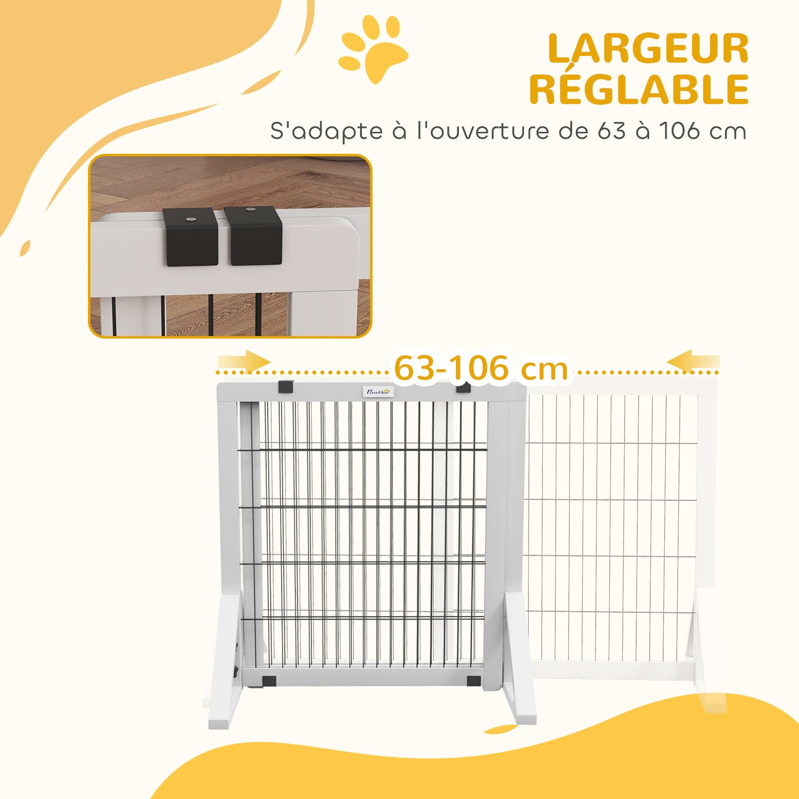 PawHut Barrière de sécurité pour Chien, barrière de Protection à 2 Panneaux Largeur réglable 63-106L x 44l x 67H cm, barrière pour escalier, Porte, couloirs, en Bois de pin et Acier, Blanc