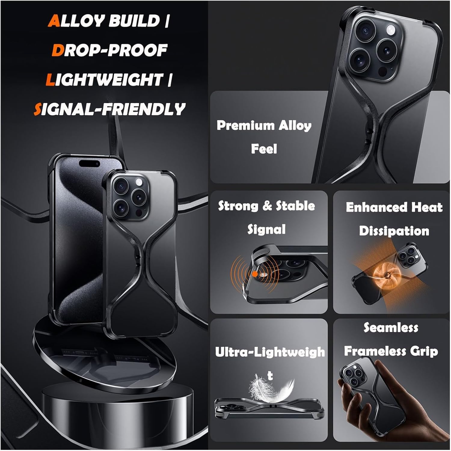 Metal Frameless Case for iPhone 16 Pro Max, Aluminum Alloy Hollow Heat Dissipation Ultra-Slim Lightweight Shockproof Minimalist Cover, Includes Anti-Spy Screen Protector, X-Shaped(Desert,16 Pro Max)