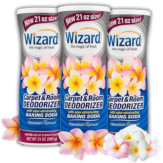 Wizard Carpet Deodorizer with Baking Soda, Hawaiian Retreat Scent Odor Eliminator, Carpet Freshener & Pet Odor Absorber, Carpeting Powder Air Freshener for the Home – 3-Pack, 21 oz per Bottle